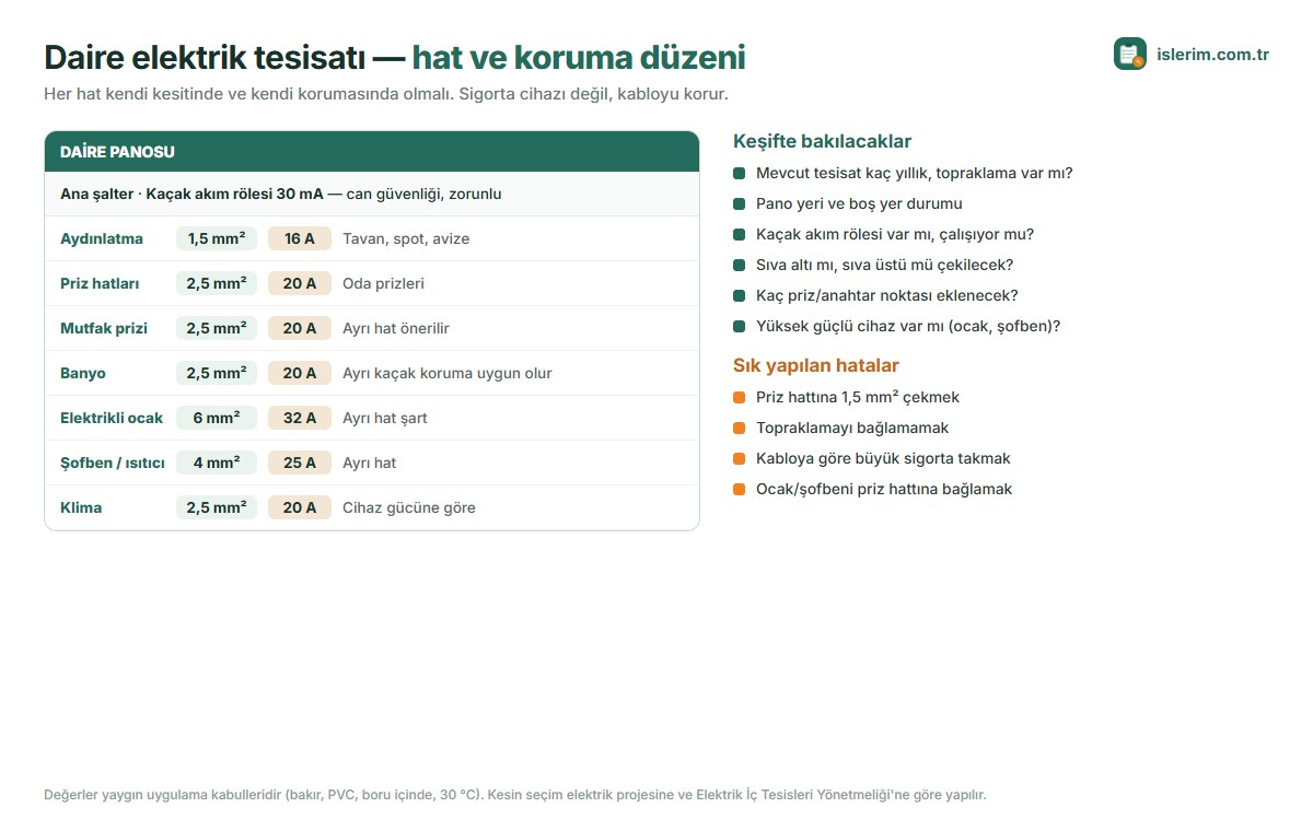 Daire elektrik panosu hat düzeni: aydınlatma, priz, mutfak, banyo, ocak, şofben ve klima hatları, kesitleri ve korumaları
