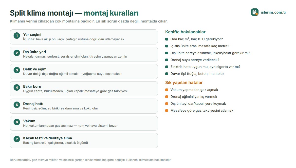 Split klima montaj adımları: yer seçimi, dış ünite yeri, delik eğimi, bakır boru, drenaj, vakum, kaçak testi