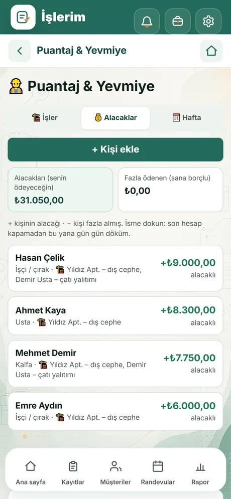 İşlerim uygulamasında alacak ve ödeme dökümü