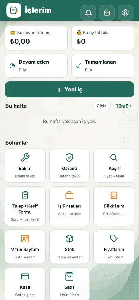 İşlerim uygulamasının ana ekranı