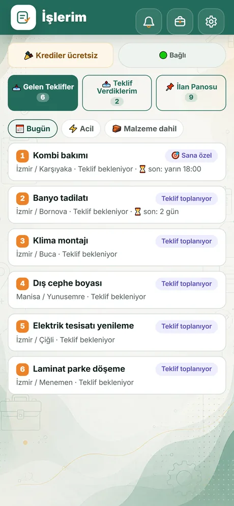 İşlerim uygulamasında iş fırsatları ekranı