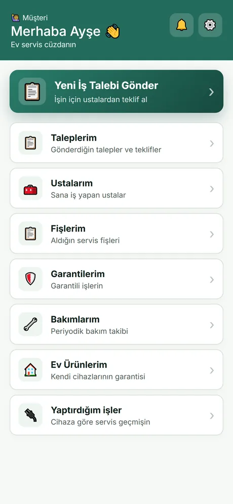 İşlerim uygulamasında bakım ve garanti takibi ekranı