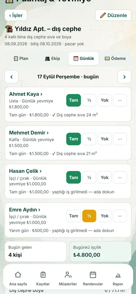İşlerim uygulamasında günlük puantaj ekranı