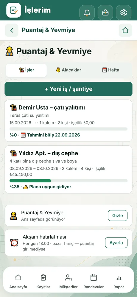 İşlerim uygulamasında şantiye ve ilerleme ekranı